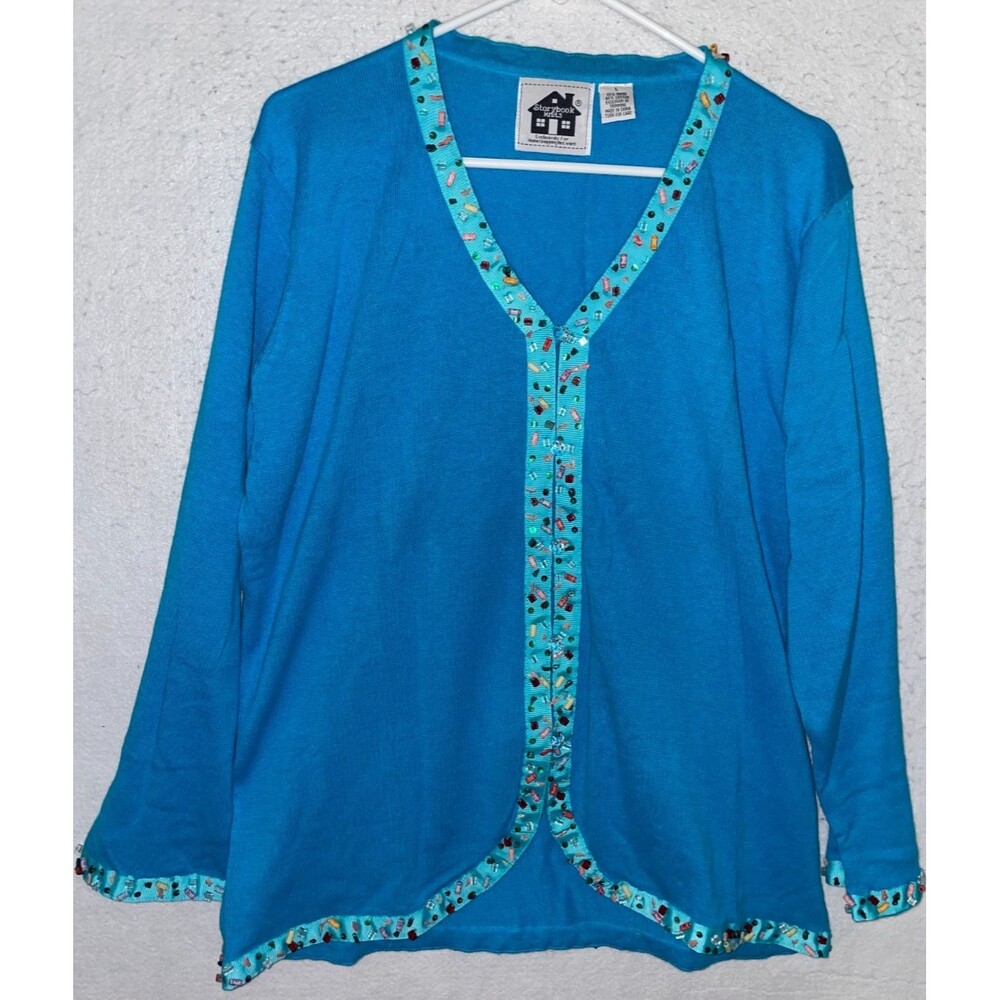 Vtg Storybook Knits Cardigan Sweater Womens L Blue Rhinestone Sequin Embellished